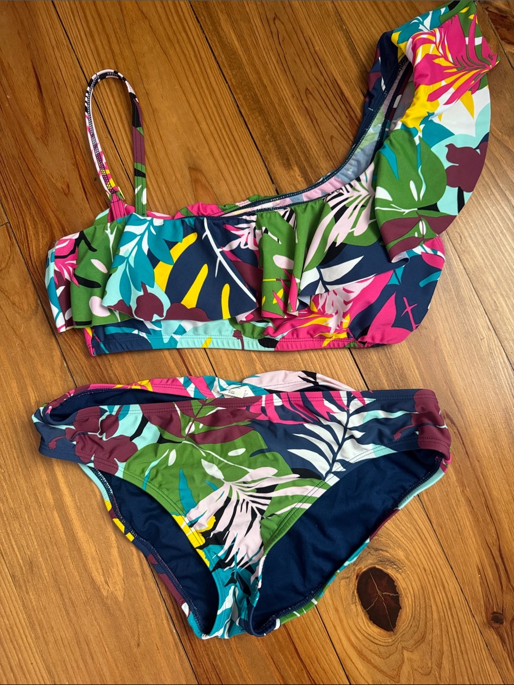 Bleu Rod Beattie One-Shoulder Tropical Bikini in Navy, Pink, Green